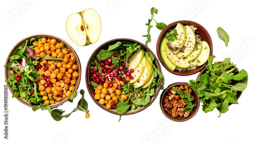 Healthy salad bowl collection with basic greens protein packed energy nut and fruit and full nutrition complete bowl options for balanced diet and wellness