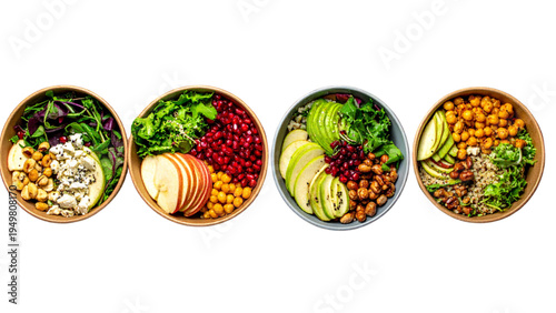 Healthy salad bowl collection with basic greens protein packed energy nut and fruit and full nutrition complete bowl options for balanced diet and wellness
