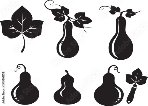A diverse collection of black and white icons featuring gourds, vines, and leaves.