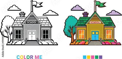 coloring page featuring a classic school building with flag and clouds, black and white outline alongside bright colorful example with palette, educational vector graphic.