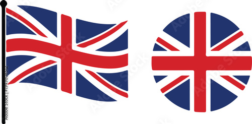 Union jack flags of the united kingdom in rectangular and circular shapes isolated on white background