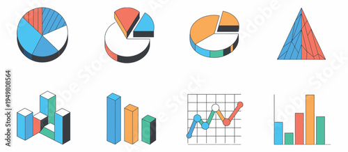 Business statistics icons with financial charts pie graphs bar columns line trends and analytics diagrams in flat vector illustration