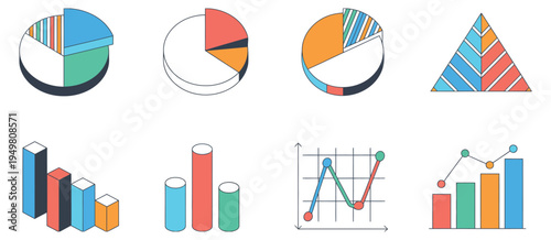 Business statistics and financial charts icons showing pie graphs bar columns line trends and analytics diagrams isolated in vector illustration