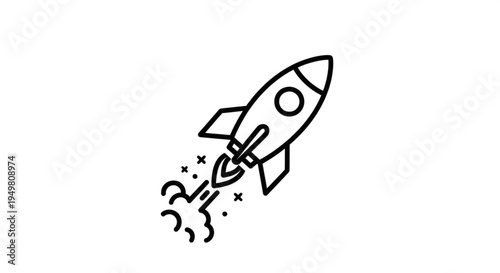 Minimalist line art icon of a rocket launching upwards, symbolizing rapid business growth, successful project startups, technological innovation, and ambitious progress for digital designs