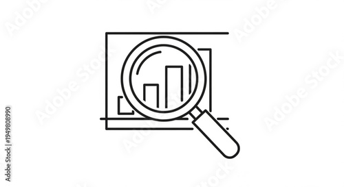Linear vector icon for data analysis and business insight, featuring a magnifying glass over a bar chart, symbolizing market research and financial review