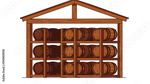A wooden shed storing barrels on shelves under a roofed structure