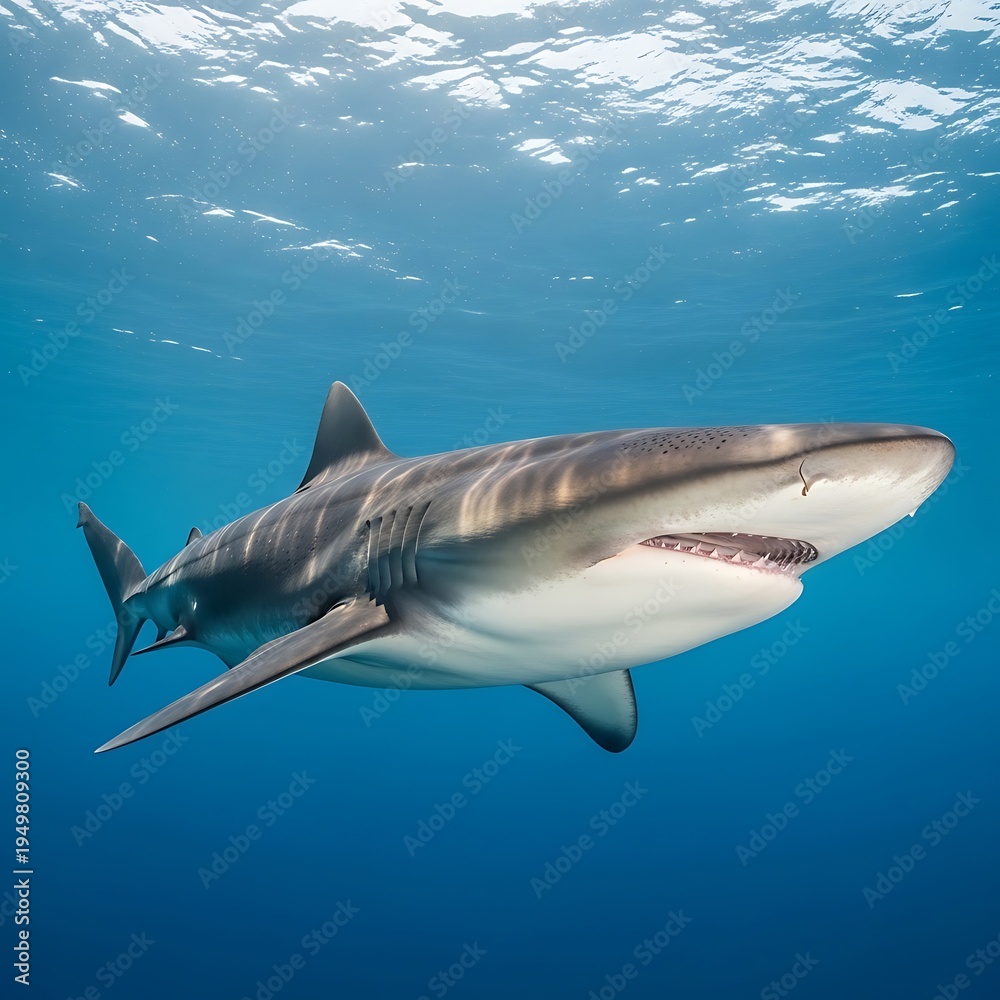 Fototapeta premium Large ocean predator swims dynamically below the sunlit water surface