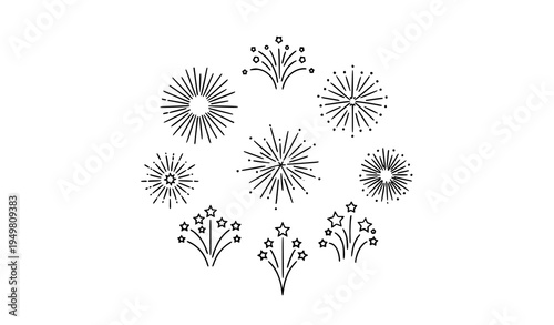 Minimal fireworks burst line icons vector outline celebration sparks graphic symbol collection