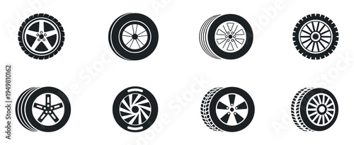 Car tire and alloy wheel icons featuring different rim styles and tire tread patterns in flat vector illustration isolated for automotive transport design .