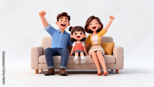 3D animated family of three sitting on a sofa, celebrating with raised arms