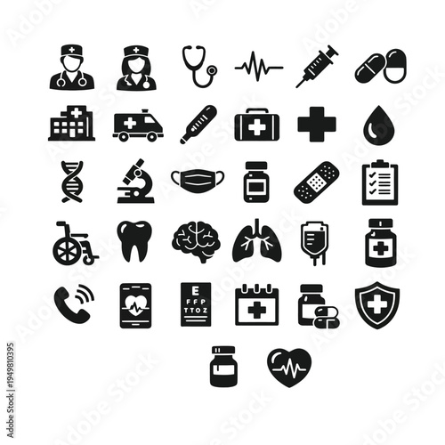 Medical Healthcare Solid Icons Set, Hospital Doctor Medicine and Health Care Vector Icon Collection