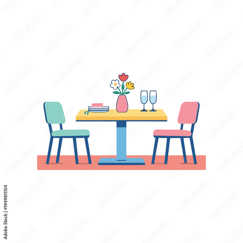 Fototapeta premium Illustration of a restaurant table with plates and glasses, minimalist 3D flat design, colorful vector