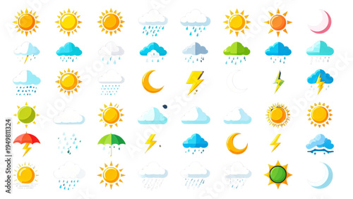Colorful Weather Icons Set Representing Sun Clouds Rain Lightning Snow Storm Fog Tornado and Moon for Meteorological Forecast and Climate Climate Design