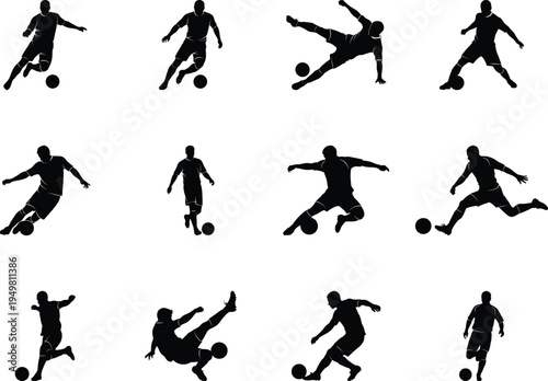 Collection of black silhouette soccer players in various dynamic poses including kicking, running, and diving, isolated on a clean transparent background.