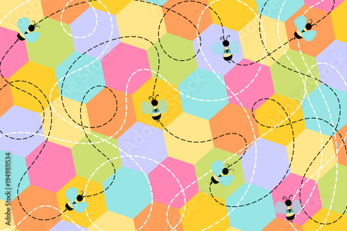 Colorful cartoon bees flying over pastel hexagon honeycomb background with dashed flight paths. Cheerful kids illustration with bright rainbow colors.
