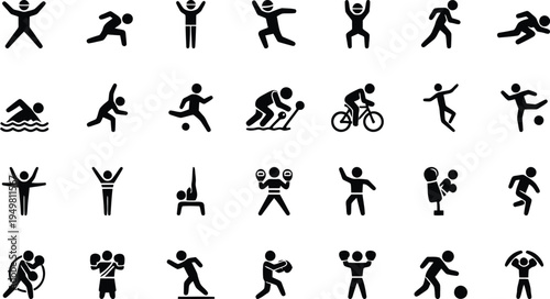 Comprehensive set of black silhouette athletic icons representing various Olympic sports including soccer, football, swimming, cycling, and boxing.