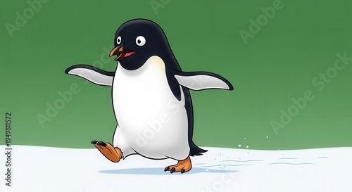 Adorable Penguin Walking on Ice with a Natural Green Background