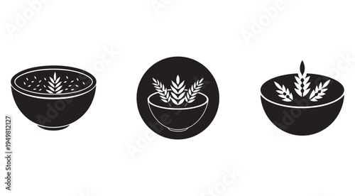 Black and white illustrations of bowls with plants and seeds  simple line art for graphic design and decoration