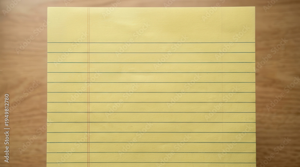 Fototapeta premium Blank Yellow Notepad with Blue Lines on Wooden Desk Surface for Office Supplies