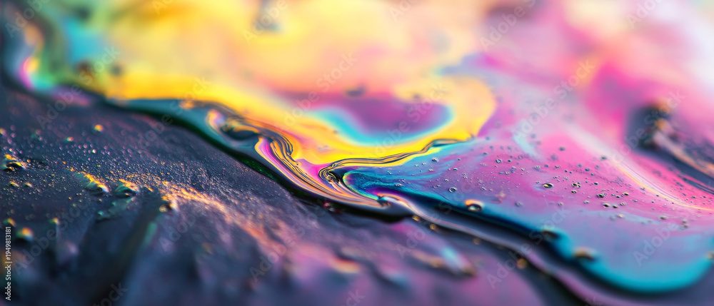 Naklejka premium Vibrant macro photograph of an iridescent oil slick, featuring swirling patterns of yellow, pink, blue, and purple hues on a dark surface