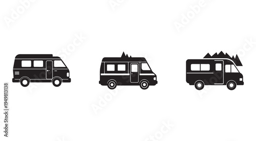 Blacksilhouetteofthreecampervanswithmountainrangeontopfortravelandadventureconceptisolatedonwhitebackground