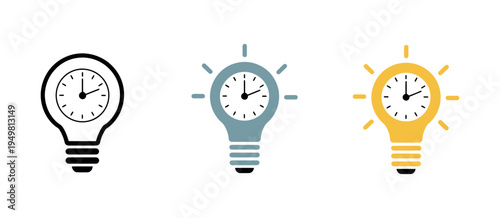Clock inside light bulb icon set representing time concept creativity idea and productivity in flat vector illustration