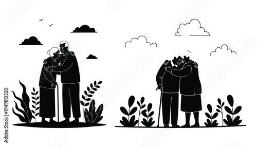 An elderly couple embracing outdoors depicted in a minimalist black and white style