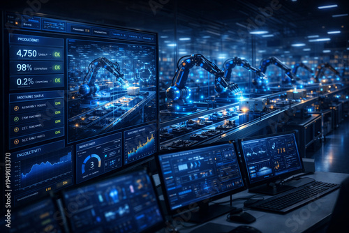 Robotic machinery works on a production line in a factory with monitors displaying data and stats for efficiency