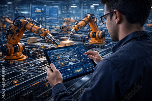Man controls robotic arms in a factory using a tablet during the day while standing near a production line with machines in the background