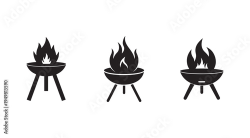 Set of barbecue grill icons with flames burning on top  simple black silhouettes on white background