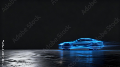 A futuristic car illuminated with blue light trails on a dark reflective surface