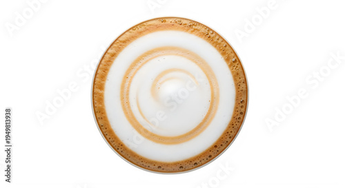 Top view of latte coffee with swirly milk design in a cup transparent background