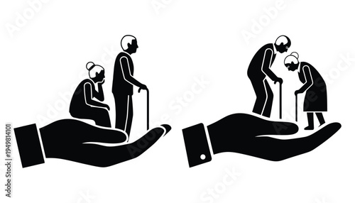 Hands cradling silhouettes of elderly people depicting care and support