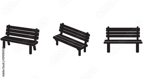Set of three wooden benches in different angles on white background  furniture for park or garden seating  outdoor bench set