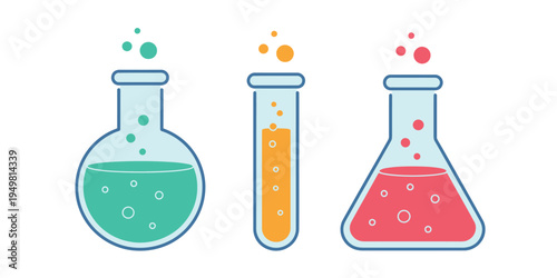 Chemical tube illustrations set featuring laboratory test tubes with liquid samples in flat vector design