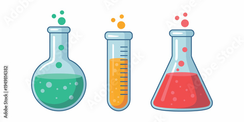 Chemical tube icon set showing laboratory test tubes with fluid samples in flat vector illustration isolated for science education chemistry research experiment medical diagnostics and lab concept