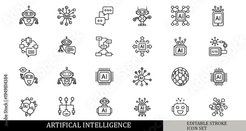 black and white AI tools icon set, chatbot robot, neural network nodes, ai chip processor, ai automation icons, outline vector icons, isolated on white background, simple line style, 30 icons pack