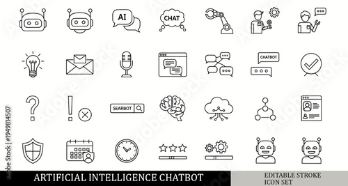 black and white AI chatbot icon set, robot assistant, chat AI, automated message, digital assistant icons, outline vector icons, isolated on white background, simple line style, 30 icons pack