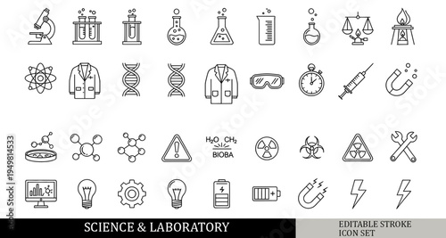 black and white science laboratory icon set, microscope, test tube, chemistry flask, lab experiment icons, outline vector icons, isolated on white background, simple line style, 30 icons pack