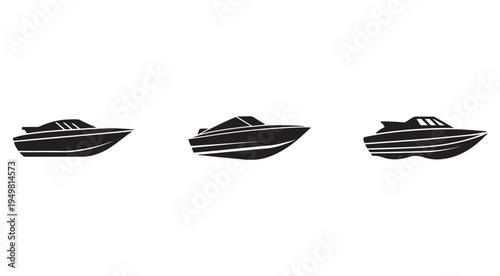 Three black and white boat silhouettes sailing on water with white lines  speedboats with different designs and stripes