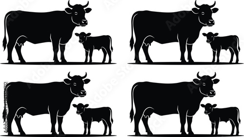 Cow and calf silhouette set, mother cow with baby calf icons, farm animal livestock collection, dairy cattle family vector symbols for design