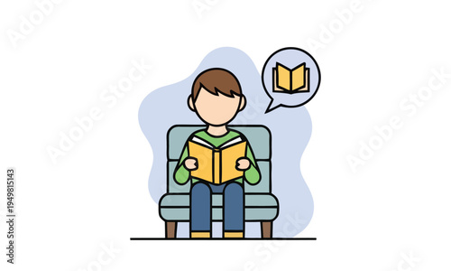 A person sitting on a couch reading a book with a thought bubble showing an open book