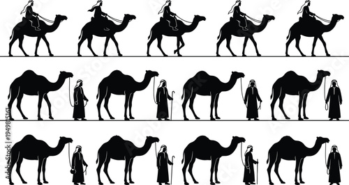 Bedouin man with camel silhouette set, arabian desert travel icons, middle east caravan collection, nomad riding and leading camel vector nature symbols