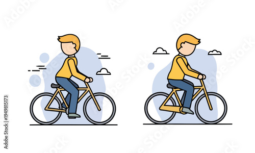 Flat design illustration of a man riding a bicycle in motion, showcasing active lifestyle and healthy transport