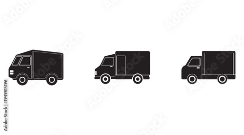 Three black delivery trucks in different positions and angles for logistic and transportation concepts  side views
