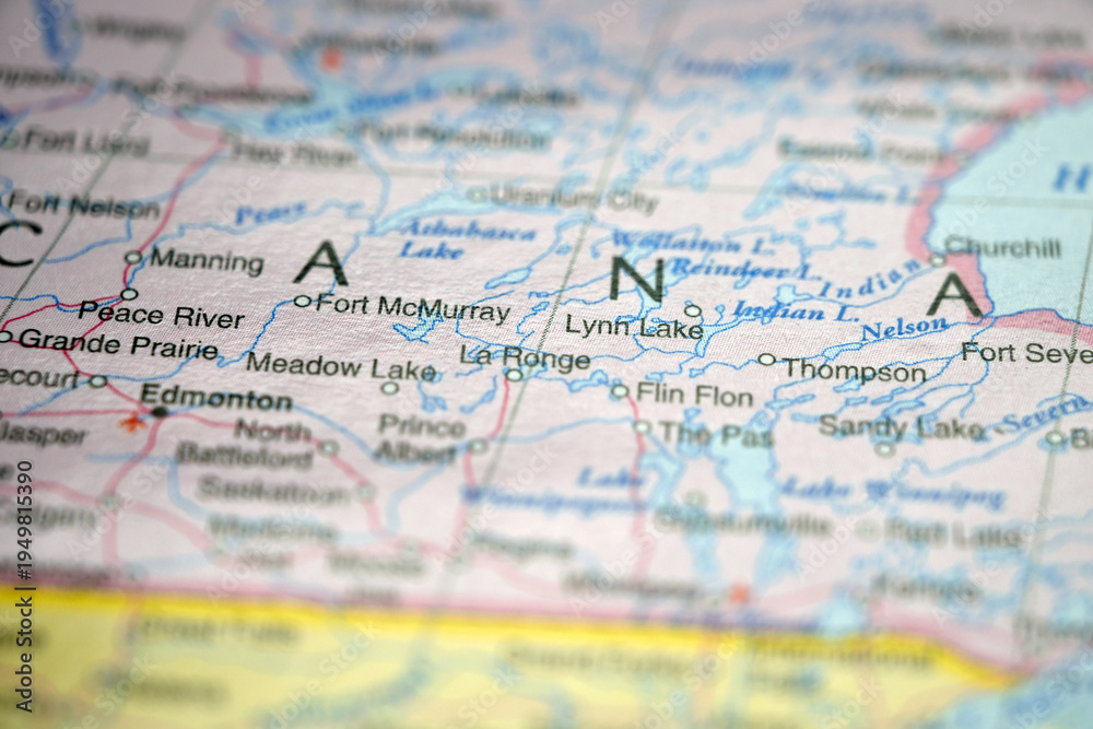 Obraz premium La Ronge Saskatchewan Canada Close Up Macro World Map Bokeh Background Geographic Image