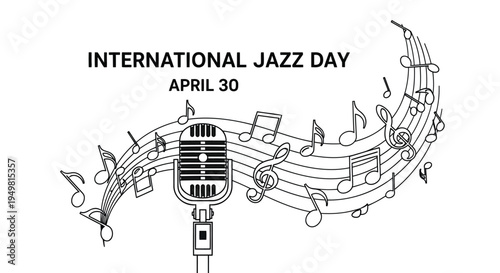 International Jazz Day April 30 music notes and microphone vector illustration