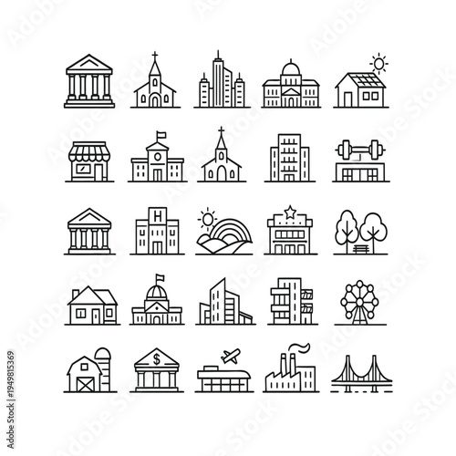 City Landmark Line Icons Set, Famous Buildings, Tourism and Urban Architecture Outline Vector Icons