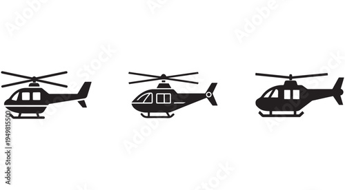 Three black helicopter silhouettes in different positions and angles  side views and front view  isolated on white background