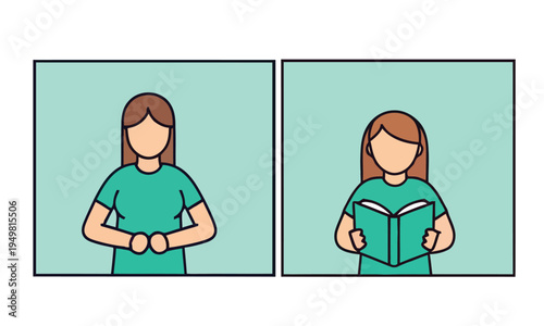 Minimalist vector illustration of a young woman's personal journey, transitioning from a state of calm contemplation to the immersive act of reading a book, symbolizing knowledge and quiet focus